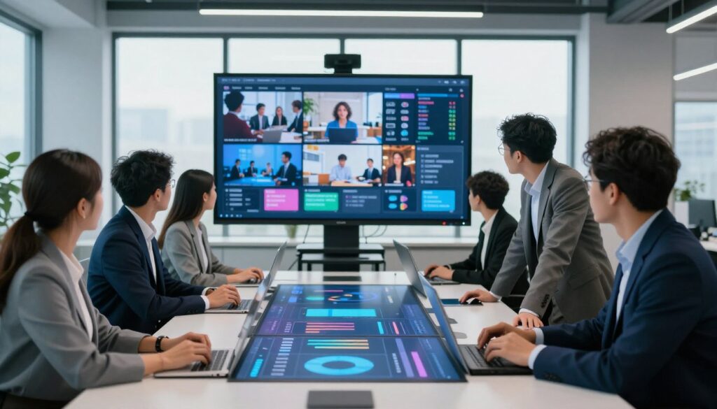 A sleek, modern office environment focused on digital video production. In the foreground, a diverse group of professionals in smart business attire collaborates around a large, high-tech touchscreen table displaying analytics and UGC ads. The middle ground features a large screen showcasing a dynamic video montage of user-generated content. In the background, large windows allow natural light to illuminate the space, creating a bright and energetic atmosphere. Soft blue accents in the lighting highlight a sense of innovation and technology. The camera angle is slightly low, capturing both the team’s engagement and the impressive tech setup, embodying a forward-thinking digital workspace.