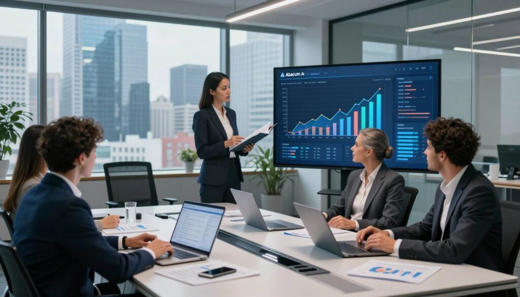 A sleek, modern office environment showcasing a diverse team of professionals collaborating on financial planning using the Abacum AI platform. In the foreground, a diverse group of three individuals in business attire are engaged in a discussion around a large digital screen displaying intricate charts and graphs related to business growth and scalability. In the middle, an elegant conference table is surrounded by high-tech devices, laptops, and financial documents. The background features a panoramic window revealing a vibrant city skyline, signifying growth and opportunity. Soft, ambient lighting creates a professional atmosphere, with a cool color palette of blues and grays. The scene conveys a sense of innovation, collaboration, and forward-thinking in corporate finance. A sleek, modern office environment showcasing a diverse team of professionals collaborating on financial planning using the Abacum AI platform. In the foreground, a diverse group of three individuals in business attire are engaged in a discussion around a large digital screen displaying intricate charts and graphs related to business growth and scalability. In the middle, an elegant conference table is surrounded by high-tech devices, laptops, and financial documents. The background features a panoramic window revealing a vibrant city skyline, signifying growth and opportunity. Soft, ambient lighting creates a professional atmosphere, with a cool color palette of blues and grays. The scene conveys a sense of innovation, collaboration, and forward-thinking in corporate finance.