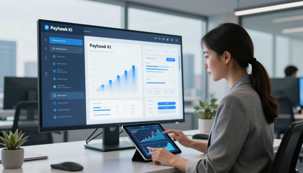 A sleek, modern office environment showcasing the innovative capabilities of Payhawk KI software. In the foreground, a confident businesswoman in professional attire interacts with a futuristic tablet, displaying dynamic graphs and financial metrics. The middle ground features a large digital screen with an intuitive user interface of the Payhawk KI, emphasizing automation and expense management. In the background, a panoramic view of a bustling city skyline through a glass wall, symbolizing growth and opportunity. Soft, natural lighting fills the room, creating a productive and inspiring atmosphere. The angle is slightly elevated, capturing both the user and the technology seamlessly while highlighting efficiency and professionalism.