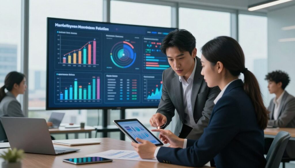 A sleek, modern office environment with a focused team of diverse professionals collaborating around a digital display showcasing robust marketing graphs and analytics. In the foreground, two business-oriented individuals, one male and one female, dressed in professional attire, engage deeply in a discussion over a digital tablet, analyzing data trends. The middle layer features a large screen glowing with vibrant visuals representing AI-driven advertising strategies. The background reveals a panoramic window with a cityscape, hinting at progress and innovation. Soft, natural lighting illuminates the space, creating an inviting atmosphere that emphasizes collaboration and forward-thinking. The overall mood reflects determination and creative energy, ideal for a performance marketing solution.