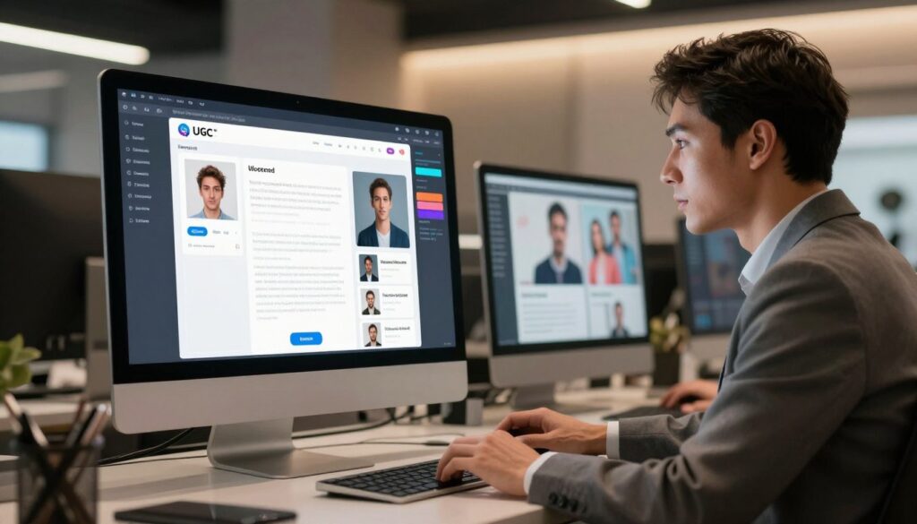 A sleek, modern workspace featuring a sophisticated AI advertisement generator interface displayed prominently on a high-tech computer monitor. In the foreground, a business professional dressed in smart casual attire is intently reviewing user-generated content (UGC) on the screen, their expression focused and engaged. The middle ground comprises various digital visuals, showcasing avatars and diverse advertising designs, reflecting creativity and innovation. The background reveals subtle, high-tech architecture with soft ambient lighting that creates a professional yet inviting atmosphere, hinting at a forward-thinking culture. The lighting should be warm but sleek, emphasizing the technological aspect while maintaining a professional vibe. The image should capture a sense of collaboration and modernity in the realm of digital advertising.