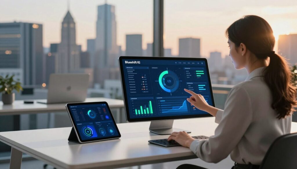 A sleek, modern workspace showcasing the "Blueshift KI" platform for marketing and personalization. In the foreground, a professional woman in smart business attire interacts with a high-tech touchscreen interface displaying insightful analytics and data visualizations, with vibrant blue and green design elements. The middle ground features a contemporary desk clutter-free, adorned with a digital tablet and a laptop, highlighting a productive environment. The background reveals a panoramic view of a bustling city skyline, illuminated by soft evening light that creates a warm, inviting atmosphere. Include a subtle lens flare effect for added depth, capturing the innovative spirit of the platform while maintaining a focus on professionalism and engagement.