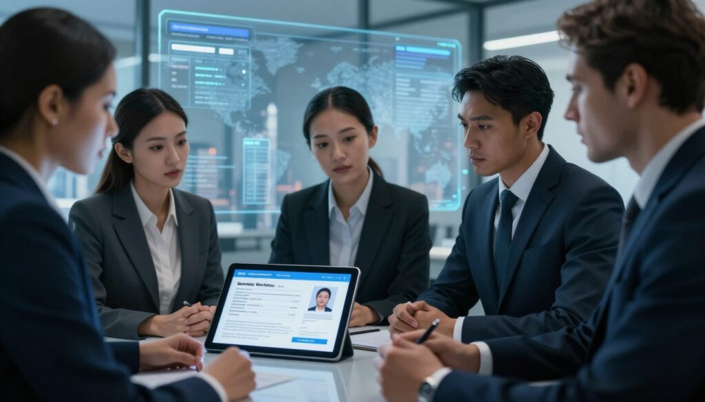 A thought-provoking scene illustrating the challenges of identity verification. In the foreground, a diverse group of professionals in business attire are engaged in a discussion, examining a digital tablet displaying complex identity documents. In the middle ground, a transparent screen shows biometric data inputs and verification algorithms, symbolizing technological challenges. The background features an abstract cityscape representing the modern world of digital identity. Soft, diffused lighting casts a professional atmosphere, while cool blue tones emphasize the seriousness of the subject. Capture the mood of urgency and diligence as these professionals confront the intricate barriers of identity verification. Use a realistic style with attention to detail, focusing on expressions and the technology utilized. A thought-provoking scene illustrating the challenges of identity verification. In the foreground, a diverse group of professionals in business attire are engaged in a discussion, examining a digital tablet displaying complex identity documents. In the middle ground, a transparent screen shows biometric data inputs and verification algorithms, symbolizing technological challenges. The background features an abstract cityscape representing the modern world of digital identity. Soft, diffused lighting casts a professional atmosphere, while cool blue tones emphasize the seriousness of the subject. Capture the mood of urgency and diligence as these professionals confront the intricate barriers of identity verification. Use a realistic style with attention to detail, focusing on expressions and the technology utilized.