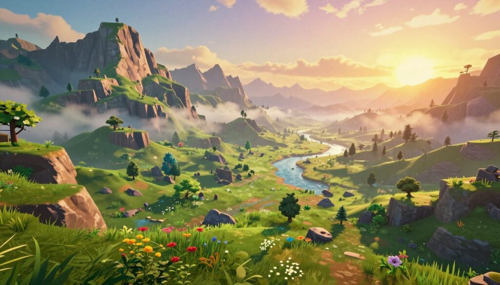 A vast and vibrant procedural world unfolds, featuring diverse terrains that smoothly blend together. In the foreground, a lush green valley with intricate details of wildflowers and rocks invites exploration. The middle ground showcases towering mountains with dramatic peaks, partially shrouded in mist, while a winding river reflects the brilliant colors of the sky. In the background, a sunset casts a warm golden hue across the landscape, illuminating the scene with a soft glow. The atmosphere exudes a sense of wonder and adventure, inviting players to immerse themselves in this digital universe. The image is captured with a slight tilt, emphasizing the vastness of the world, with a focus on rich textures and intricate details in each layer. Bright and colorful, yet serene, it portrays a captivating game environment that sparks imagination.
