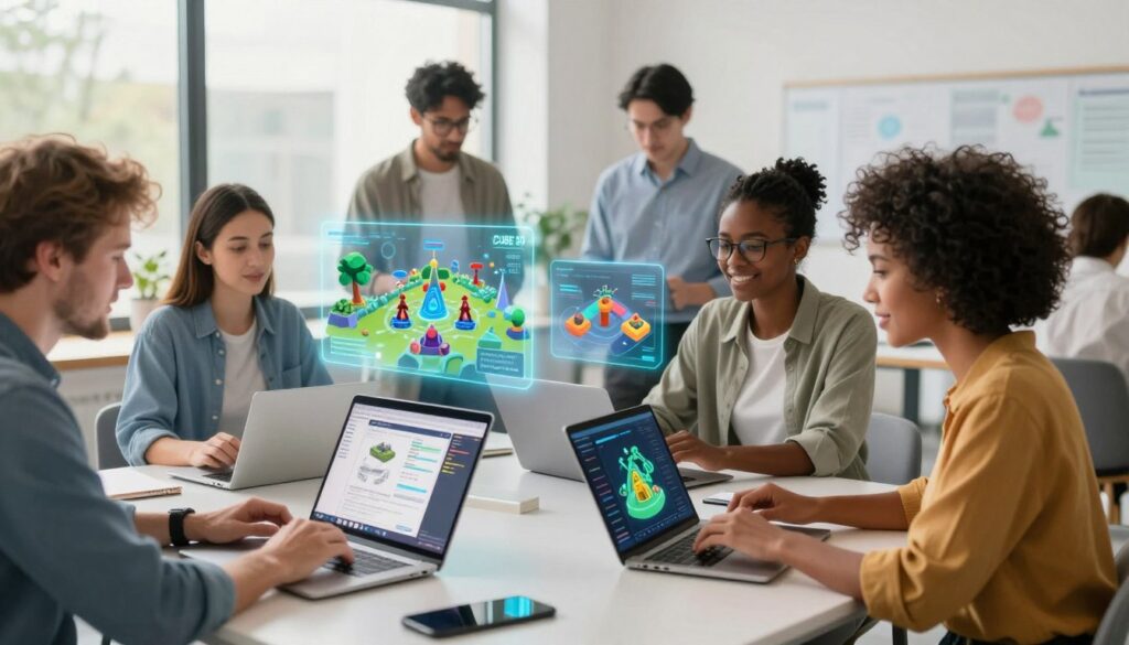 A vibrant 3D visualization of a diverse community engaged around the "CUBE 3D" tool. Foreground features a group of professionals, including a Caucasian man in business attire and a Black woman in casual yet professional clothing, collaborating on laptops and tablets, filled with 3D design screens. In the middle ground, illustrated holographic representations of various 3D game environments create an interactive feel, symbolizing creativity and teamwork. The background consists of a bright, modern workspace with large windows allowing natural light to flood in, enhancing an atmosphere of innovation and support. Soft shadows create depth, while a slightly blurred depth of field draws focus to the community members actively engaging. The overall mood is energetic and collaborative, reflecting a strong sense of unity within the CUBE 3D community.