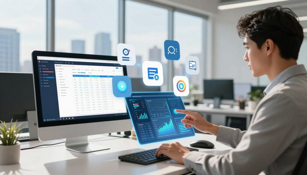 A vibrant and modern office workspace featuring a sleek computer setup displaying real-time financial data and accounting software integration with Digits KI. In the foreground, a professional business person in smart attire is interacting with a futuristic touchscreen interface, analyzing graphs and analytics. In the middle, various digital icons representing multiple tools and software systems float around, symbolizing seamless integration and connectivity. The background features large windows showcasing a city skyline with a bright, sunny day illuminating the scene, casting soft shadows and creating an inspiring atmosphere. The lighting is bright but natural, enhancing the tech-forward and dynamic environment, inviting creativity and innovation in financial management. A vibrant and modern office workspace featuring a sleek computer setup displaying real-time financial data and accounting software integration with Digits KI. In the foreground, a professional business person in smart attire is interacting with a futuristic touchscreen interface, analyzing graphs and analytics. In the middle, various digital icons representing multiple tools and software systems float around, symbolizing seamless integration and connectivity. The background features large windows showcasing a city skyline with a bright, sunny day illuminating the scene, casting soft shadows and creating an inspiring atmosphere. The lighting is bright but natural, enhancing the tech-forward and dynamic environment, inviting creativity and innovation in financial management.