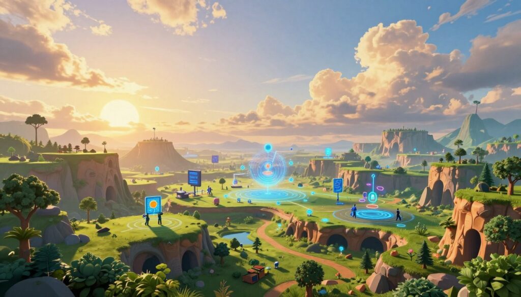 A vibrant digital landscape showcasing the innovative applications of Gaia KI in game world generation. In the foreground, a blend of fantastical terrains such as rolling hills, lush forests, and intricate cave systems. The middle ground features a seamless integration of automated terrain generation processes, with abstract visualizations of algorithms at work. In the background, a sky filled with ethereal clouds illuminated by a sunset's golden glow, creating a sense of wonder and creativity. The overall atmosphere is imaginative and inspiring, with soft, diffused lighting enhancing the vibrant colors of the environments. The scene should be viewed through a wide-angle lens, capturing the expansive nature of the generated worlds, emphasizing both the beauty and complexity of the creative possibilities offered by Gaia KI. A vibrant digital landscape showcasing the innovative applications of Gaia KI in game world generation. In the foreground, a blend of fantastical terrains such as rolling hills, lush forests, and intricate cave systems. The middle ground features a seamless integration of automated terrain generation processes, with abstract visualizations of algorithms at work. In the background, a sky filled with ethereal clouds illuminated by a sunset's golden glow, creating a sense of wonder and creativity. The overall atmosphere is imaginative and inspiring, with soft, diffused lighting enhancing the vibrant colors of the environments. The scene should be viewed through a wide-angle lens, capturing the expansive nature of the generated worlds, emphasizing both the beauty and complexity of the creative possibilities offered by Gaia KI.
