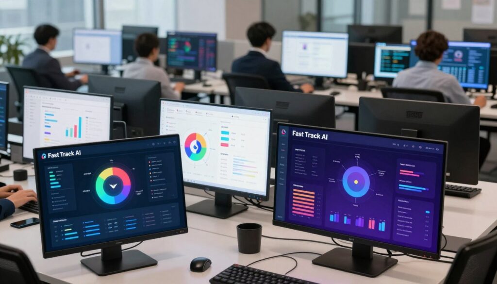 A visually striking comparison of Fast Track AI and various other AI tools in a modern office setting. In the foreground, a sleek, futuristic user interface showcases Fast Track AI analytics, highlighted with vibrant colors and interactive elements. The middle ground features stylized representations of alternative AI tools, each distinct in design, resembling colorful icons or dashboards, with charts and data visualizations. In the background, a well-lit office scene with professionals in business attire analyzes data on large screens, creating a collaborative atmosphere. Soft, diffused lighting casts an inviting glow, enhancing the focus on technological innovation and teamwork. A high-angle view captures the dynamic energy of the space, emphasizing innovation in game analytics and churn models.