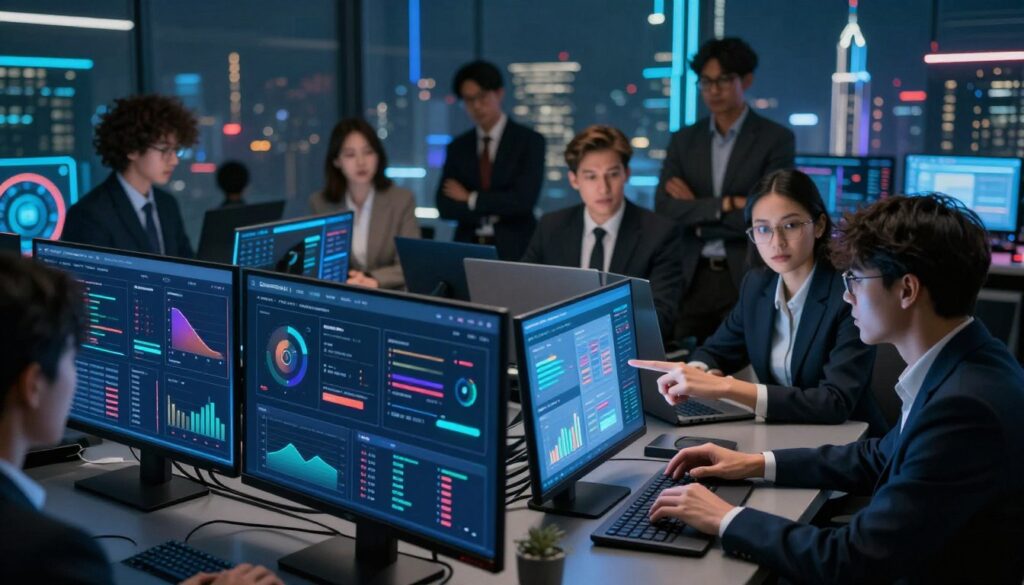 A visually striking comparison of GameAnalytics to other gaming AI tools and trends in a corporate landscape. In the foreground, display sleek data visualization screens showcasing player insights and analytics metrics with vibrant colors and neat graphs. In the middle ground, depict a diverse group of professionals in business attire, engaged in a discussion with laptops open, analyzing data, and pointing at charts. The background features a futuristic cityscape, symbolizing innovation and technology in the gaming industry. Use soft, focused lighting to highlight the screens, creating a dynamic yet professional atmosphere. The angle should be from a slightly elevated perspective, providing a comprehensive view of the interactions and the modern setting.