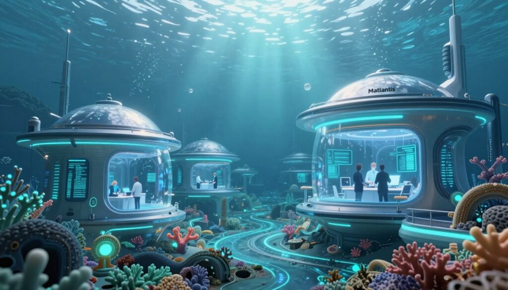 A breathtaking digital landscape of "Matlantis," a futuristic underwater city designed as a hub for materials simulation at the atomic level. In the foreground, intricate structures resembling coral reefs made of advanced materials, subtly glowing in cool blues and greens. The middle layer features sleek, bioluminescent buildings with transparent domes reflecting light, inhabited by scientists in professional business attire analyzing glowing data screens. The background reveals expansive ocean depths with light penetrating the surface, creating a serene yet advanced atmosphere. Use soft, ethereal lighting to enhance the magical quality of the scene, shot from a low angle to emphasize the grandeur of the city, evoking both innovation and tranquility in this unique aquatic environment.