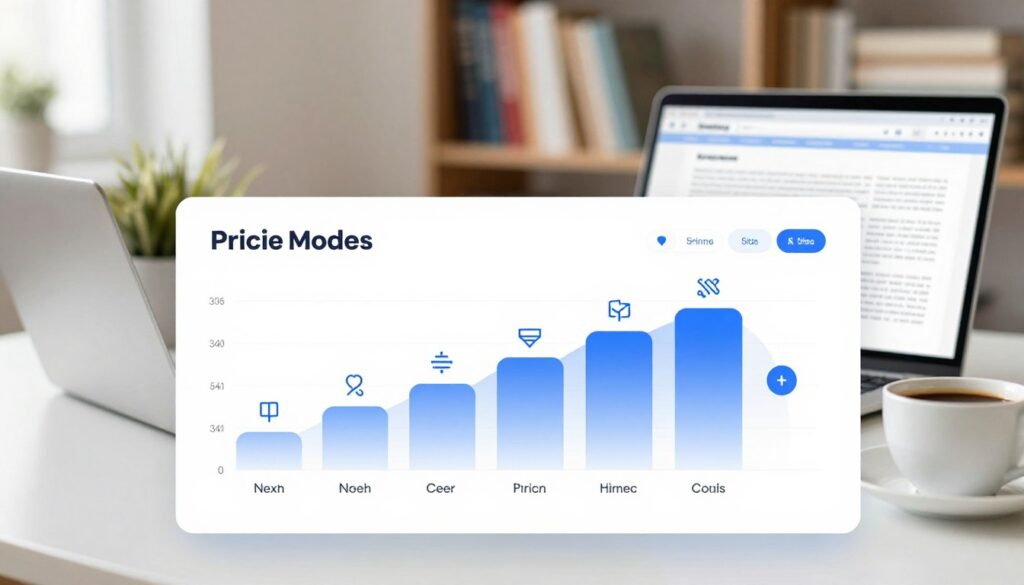 A clean and modern digital presentation layout featuring a comprehensive overview of Scholarcy's pricing model. In the foreground, display a stylized chart or infographic, showcasing various pricing tiers with icons representing different subscription levels. In the middle ground, depict a professional-looking workspace with a laptop, notes, and a cup of coffee to create an academic atmosphere. The background should include blurred shelves of books and academic journals, implying a scholarly environment. Use soft, natural lighting to create a calm and inviting mood, with a slight depth of field effect to focus the viewer's attention on the pricing model. The color palette should include blue and white tones to convey trust and professionalism.
