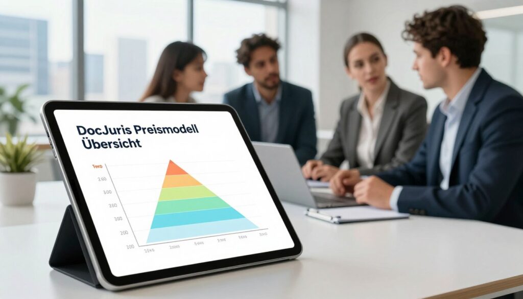 A clean and modern office environment featuring an infographic-style representation of the "DocJuris Preismodell Übersicht." In the foreground, a sleek digital tablet displays an interactive chart showcasing various pricing tiers and services available from DocJuris, emphasizing clarity and professionalism. In the middle, a diverse group of three professionals, dressed in smart business attire, is engaged in a discussion about the pricing models, appearing focused and knowledgeable. The background shows a large window with natural light streaming in, highlighting an urban skyline. The overall mood is one of innovation and efficiency, with a fresh, bright color palette to evoke trust and modernity. The scene is captured from a slightly elevated angle to encompass both the chart and the professionals effectively.