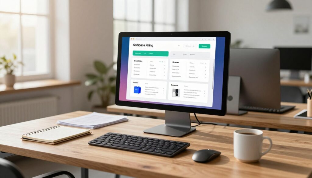 A clean and modern office workspace showcasing a sleek computer on a wooden desk, displaying the SciSpace pricing and subscription options in an organized layout. In the foreground, a neatly arranged notepad and a coffee mug add warmth and creativity. The middle ground features the monitor with a colorful interface illustrating various plans, surrounded by papers and an open laptop. In the background, large windows let in soft, natural sunlight, casting a warm glow across the room. The atmosphere conveys professionalism and innovation, inviting users to explore the pricing details. Use a wide-angle lens to capture the depth and openness of the space, maintaining a bright and optimistic mood throughout the image.
