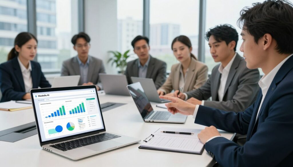 A contemporary office environment showcasing Medallia AI's analysis of guest feedback. In the foreground, a sleek laptop displays vibrant graphs and charts illustrating customer experiences and insights. To the side, a diverse group of professionals in business attire, engaged in a thoughtful discussion, pointing at the data on the screen. In the middle ground, a stylish conference table with digital devices and notepads showcasing organized notes and feedback summaries. The background features large windows letting in natural light, with a cityscape view that adds depth to the scene. The lighting is bright and inspirational, suggesting a productive atmosphere. The mood is collaborative and innovative, reflecting the importance of data-driven decision-making in enhancing guest experiences.
