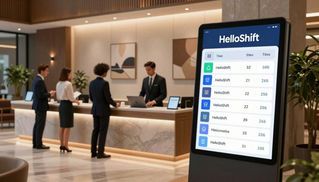 A detailed illustration of a pricing structure for HelloShift, set against a sleek, modern hotel reception environment. In the foreground, a stylish digital pricing display shows various tiers of subscription plans and services, illuminated with soft lighting for a professional ambiance. In the middle ground, a diverse group of hotel staff members in professional business attire engage with guests at a welcoming front desk, emphasizing collaboration. The background features elegant hotel decor, including potted plants and artful wall designs, lending a sophisticated atmosphere. The overall mood is focused and inviting, with warm lighting enhancing the sense of hospitality and professionalism in the scene. The image is framed with a wide-angle perspective to capture the collaborative essence of the hotel team and the innovative pricing approach of HelloShift. A detailed illustration of a pricing structure for HelloShift, set against a sleek, modern hotel reception environment. In the foreground, a stylish digital pricing display shows various tiers of subscription plans and services, illuminated with soft lighting for a professional ambiance. In the middle ground, a diverse group of hotel staff members in professional business attire engage with guests at a welcoming front desk, emphasizing collaboration. The background features elegant hotel decor, including potted plants and artful wall designs, lending a sophisticated atmosphere. The overall mood is focused and inviting, with warm lighting enhancing the sense of hospitality and professionalism in the scene. The image is framed with a wide-angle perspective to capture the collaborative essence of the hotel team and the innovative pricing approach of HelloShift.