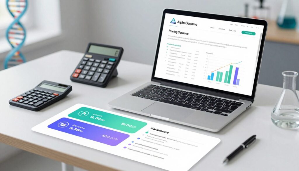 A detailed illustration of the pricing structure for AlphaGenome, showcasing a visually appealing chart that represents various tiers and features of genetic variant assessment services. In the foreground, include sleek, modern infographics featuring different pricing plans, each represented by unique colors and icons. The middle ground should display a professional workspace with a laptop opened to a webpage detailing AlphaGenome services, along with a calculator and genetic data charts. The background should feature a subtle science-themed decor, such as DNA helixes and laboratory equipment, conveying an innovative atmosphere. Illuminate the scene with soft, natural lighting to emphasize professionalism and clarity, captured from a slightly elevated angle to create depth. The overall mood should inspire confidence and curiosity in genetic insights.
