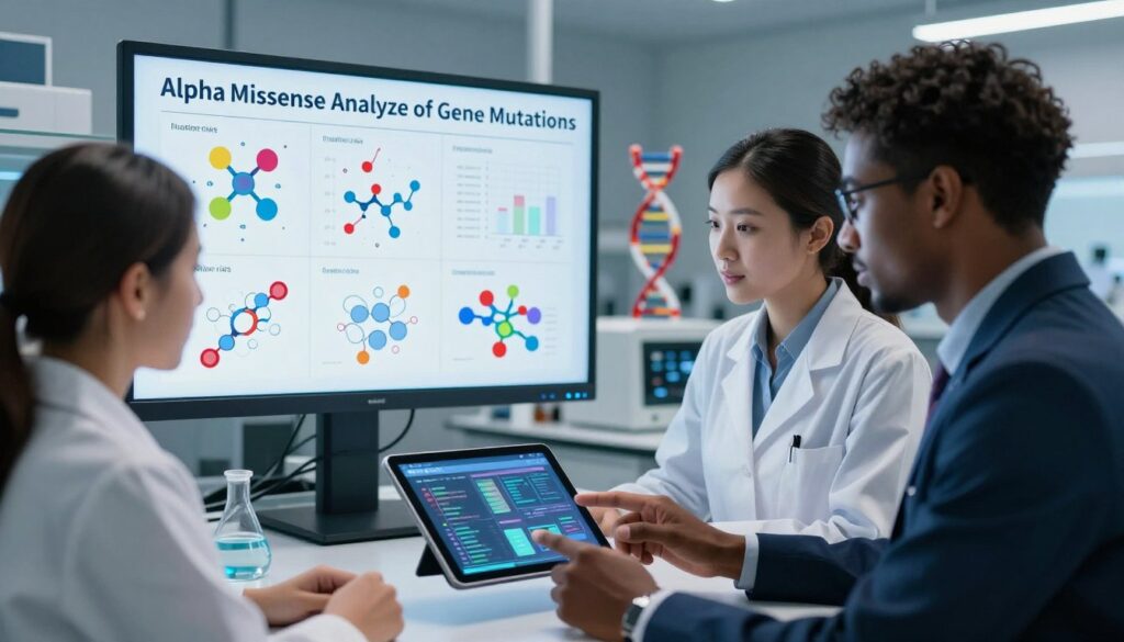 A detailed, informative visualization of "AlphaMissense Analyze of Gene Mutations" in a professional and engaging setting. In the foreground, a diverse group of three scientists, dressed in business attire, is discussing genomic data displayed on a sleek digital tablet. In the middle ground, a large screen features graphical representations of gene mutation analytics, with colorful charts and molecular structures illustrating varying mutation risks. The background showcases a modern laboratory filled with biotechnology equipment and DNA models. Soft, ambient lighting creates a focused yet inviting atmosphere, while a slight lens blur on the background emphasizes the importance of the scientists' work. The scene conveys a sense of innovation and collaboration in genomic research, highlighting the advanced technology used in evaluating genetic risks.