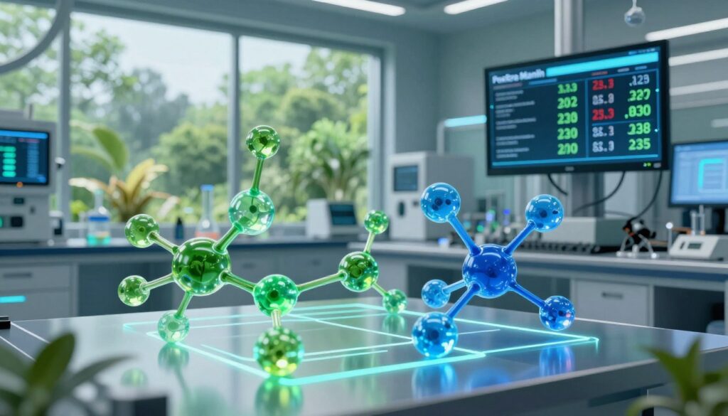 A dynamic and futuristic representation of the "PostEra Manifold," showcasing advanced KI plant molecules and synthesis processes. In the foreground, illustrate sleek, transparent molecular structures in vibrant colors like green and blue, interconnected by glowing lines to represent synthetic pathways. In the middle ground, depict a sophisticated laboratory environment filled with high-tech equipment and digital displays showcasing pricing and tariff data, seamlessly integrated into the setting. The background features a large window revealing a lush, green landscape, symbolizing innovation and environmental harmony. Use soft, ambient lighting to create a professional yet inspiring atmosphere, with a focus on clarity and precision. Capture the essence of biotechnology and economic feasibility in a harmonious design.