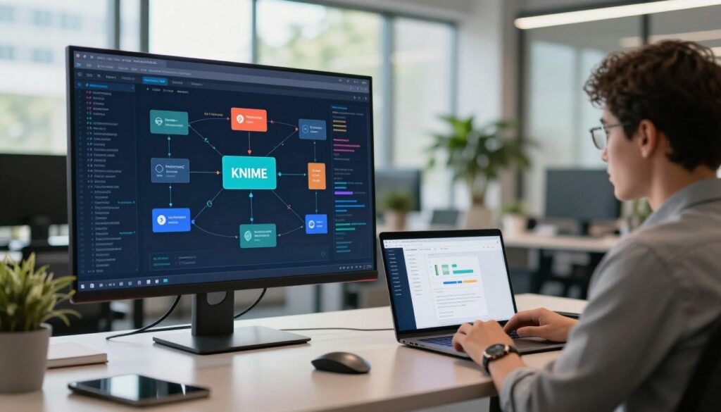 A dynamic visualization of a KNIME workflow in a modern office environment. In the foreground, a large digital screen displays flowing data streams and interconnected nodes, representing different data analysis processes. The middle section features a sleek, clutter-free desk with a laptop open, showcasing KNIME’s user interface. A professional person in business attire is seen contemplating the screen, embodying focus and expertise. The background includes large windows letting in natural daylight, enhancing a vibrant atmosphere with greenery visible outside. Soft lighting casts a warm glow on the workspace, suggesting an innovative and productive mood. The overall composition is clean and inspiring, reflecting advanced technology and efficient workflows in data analysis. A dynamic visualization of a KNIME workflow in a modern office environment. In the foreground, a large digital screen displays flowing data streams and interconnected nodes, representing different data analysis processes. The middle section features a sleek, clutter-free desk with a laptop open, showcasing KNIME’s user interface. A professional person in business attire is seen contemplating the screen, embodying focus and expertise. The background includes large windows letting in natural daylight, enhancing a vibrant atmosphere with greenery visible outside. Soft lighting casts a warm glow on the workspace, suggesting an innovative and productive mood. The overall composition is clean and inspiring, reflecting advanced technology and efficient workflows in data analysis.