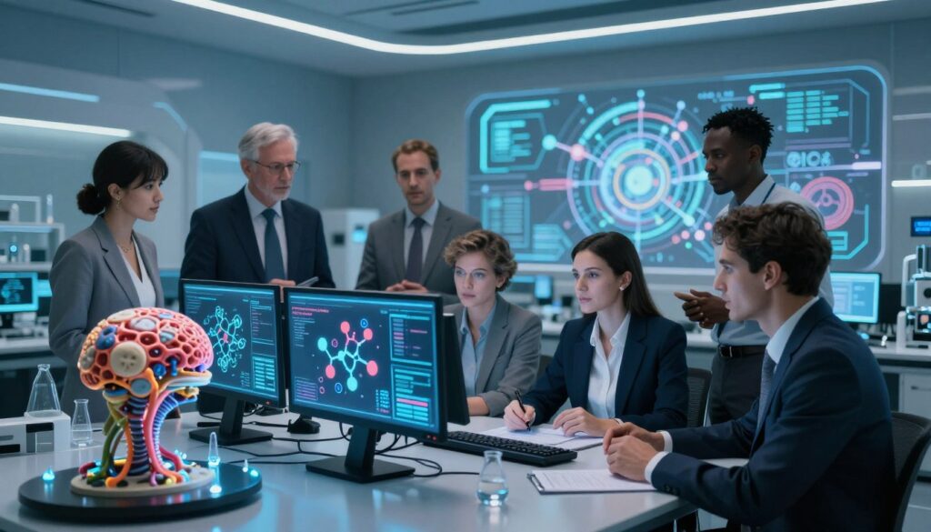 A futuristic concept of "Recursion OS" depicted in a high-tech laboratory environment. In the foreground, intricate biological models and digital displays showcasing molecular structures and data analytics screens. In the middle, a diverse group of professionals in business attire, deeply engaged in discussion and analysis, their faces illuminated by the glow of the screens. The background features a sleek, modern design with abstract digital art symbolizing the connection between biology and pharmacology. Soft, ambient lighting enhances the atmosphere, giving it a sense of innovation and collaboration. The scene is captured from a slightly elevated angle, providing a clear view of both the humans and the technological integration around them.
