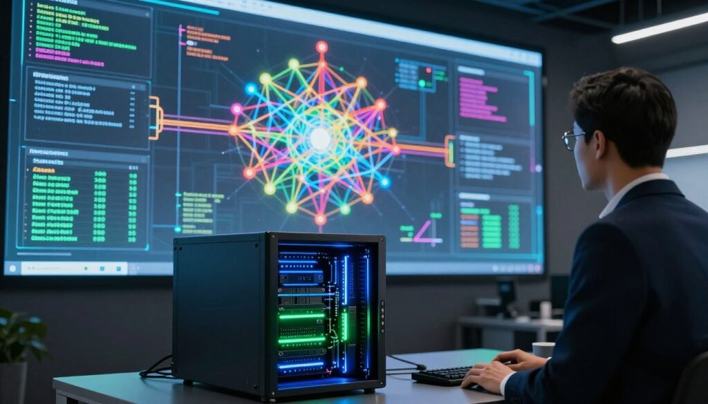 A futuristic, high-tech setting showcasing NVIDIA Modulus simulations. In the foreground, a sleek, modern computer server with glowing blue and green lights, indicating active processing of AI models. In the middle ground, a transparent screen displays intricate 3D simulations of complex data flows and neural networks, with vivid colors highlighting various elements of machine learning. The background features a digital landscape with abstract representations of calculations and algorithms. The lighting is soft yet dynamic, creating a sense of energy and innovation. A professional in business attire observes the simulation, demonstrating a collaborative atmosphere. Capture the essence of cutting-edge technology with a focus on clarity and sophistication, evoking a sense of forward-thinking and excellence in AI development.