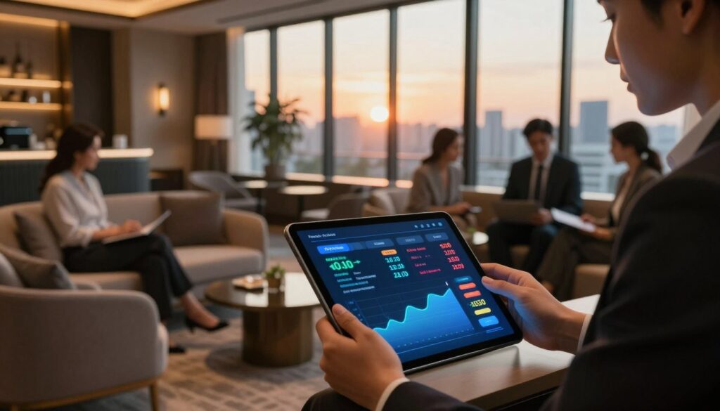 A futuristic hotel pricing interface, showcasing dynamic hotel rates being adjusted in real-time. In the foreground, a sleek digital tablet displays vibrant graphs and fluctuating prices, surrounded by professional-looking individuals in business attire engaged in discussion. The middle ground features a comfortable, modern hotel lobby with stylish furniture and ambient lighting, suggesting a sophisticated atmosphere. In the background, large windows reveal an urban skyline under a sunset, casting warm, golden light throughout the scene. The overall mood is innovative and collaborative, conveying a sense of advanced technology in the hospitality industry. The image should have a depth of field effect, focusing sharply on the tablet while keeping the lobby slightly blurred, to emphasize the dynamic pricing concept.