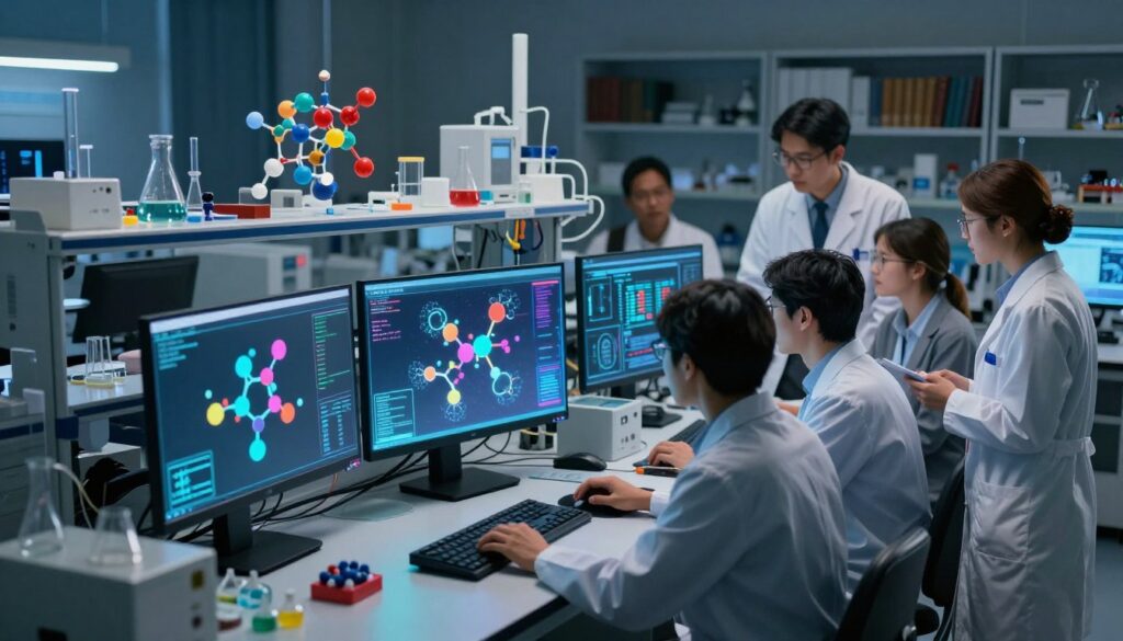 A futuristic laboratory scene showcasing advanced technology in biomolecular structure prediction. In the foreground, a diverse group of researchers in professional attire, engaged in active collaboration, analyzing holographic displays of intricate molecular structures with vibrant colors. The middle layer features high-tech equipment, including a computer with glowing screens filled with molecular models, along with advanced visual interfaces. In the background, shelves filled with scientific tools and books create a scholarly atmosphere. Soft, focused lighting illuminates the workspace, casting dynamic shadows and emphasizing the details on the screens. The mood is one of innovation and teamwork, reflecting the excitement of groundbreaking discoveries in biomolecular research. A futuristic laboratory scene showcasing advanced technology in biomolecular structure prediction. In the foreground, a diverse group of researchers in professional attire, engaged in active collaboration, analyzing holographic displays of intricate molecular structures with vibrant colors. The middle layer features high-tech equipment, including a computer with glowing screens filled with molecular models, along with advanced visual interfaces. In the background, shelves filled with scientific tools and books create a scholarly atmosphere. Soft, focused lighting illuminates the workspace, casting dynamic shadows and emphasizing the details on the screens. The mood is one of innovation and teamwork, reflecting the excitement of groundbreaking discoveries in biomolecular research.