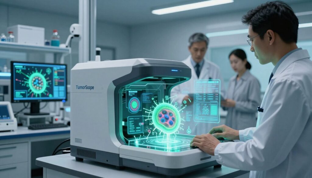 A futuristic laboratory scene showcasing the SimBioSys TumorScope, a sleek, high-tech device designed for simulating tumor reactions. In the foreground, the TumorScope is prominently displayed, featuring a glass interface with glowing, interactive visuals and detailed tumor images. Scientists in professional business attire are focused on the device, analyzing data on holographic screens that emanate from it. The middle ground features advanced lab equipment and monitors displaying complex biological simulations. The background reveals a softly lit modern laboratory with clean lines and high-tech aesthetics. The atmosphere is one of innovation and precision, with cool blue and green lighting highlighting the technological details. The camera angle is slightly low, emphasizing the TumorScope's importance in the lab environment, creating a sense of awe and seriousness.