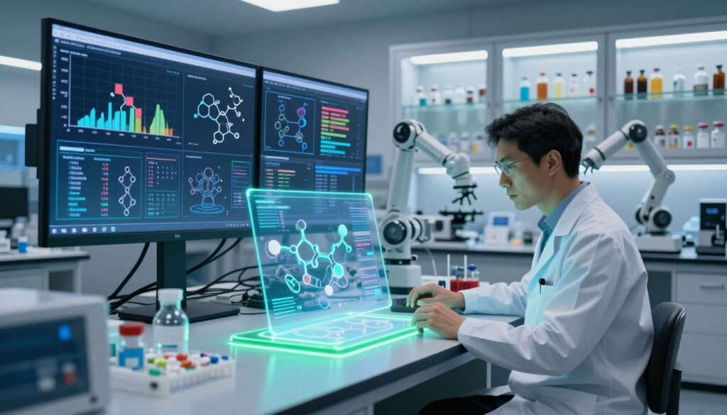 A futuristic laboratory setting dedicated to AI-driven drug discovery. In the foreground, a sleek, high-tech workstation illuminated by soft blue and green LED lights, displaying molecular structures on a holographic screen. A researcher in professional attire, intently analyzing data, stands beside the workstation, with focused expressions. The middle ground features large digital screens showcasing graphs, chemical compounds, and AI algorithms at work, while robotic arms handle lab equipment, symbolizing efficiency. In the background, rows of glass cabinets filled with vials and experimental drugs illuminate under bright, even lighting, creating a clean, modern atmosphere. The overall mood conveys innovation, professionalism, and the exciting potential of AI in pharmaceuticals, emphasizing the precision and advanced technology used by Exscientia AI. A futuristic laboratory setting dedicated to AI-driven drug discovery. In the foreground, a sleek, high-tech workstation illuminated by soft blue and green LED lights, displaying molecular structures on a holographic screen. A researcher in professional attire, intently analyzing data, stands beside the workstation, with focused expressions. The middle ground features large digital screens showcasing graphs, chemical compounds, and AI algorithms at work, while robotic arms handle lab equipment, symbolizing efficiency. In the background, rows of glass cabinets filled with vials and experimental drugs illuminate under bright, even lighting, creating a clean, modern atmosphere. The overall mood conveys innovation, professionalism, and the exciting potential of AI in pharmaceuticals, emphasizing the precision and advanced technology used by Exscientia AI.