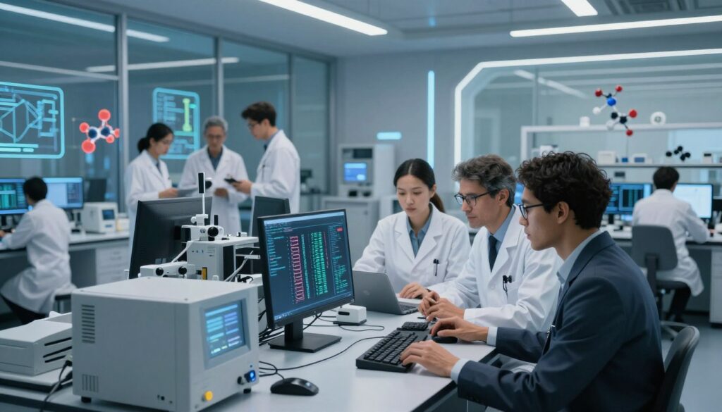 A futuristic laboratory setting showcasing DeepVariant technology in action. In the foreground, a diverse group of three scientists in professional business attire, concentrated on analyzing genomic data on advanced computer screens. The middle ground features a sleek, modern workstation filled with high-tech equipment, including a large monitor displaying intricate genetic sequences. The background reveals a glass wall where additional researchers collaborate, surrounded by biotechnological charts and molecular models. The room is illuminated with soft, ambient lighting and highlights from overhead fluorescents, creating a precise and innovative atmosphere. The angle provides a dynamic perspective, capturing both the human elements and the advanced technology in harmony.