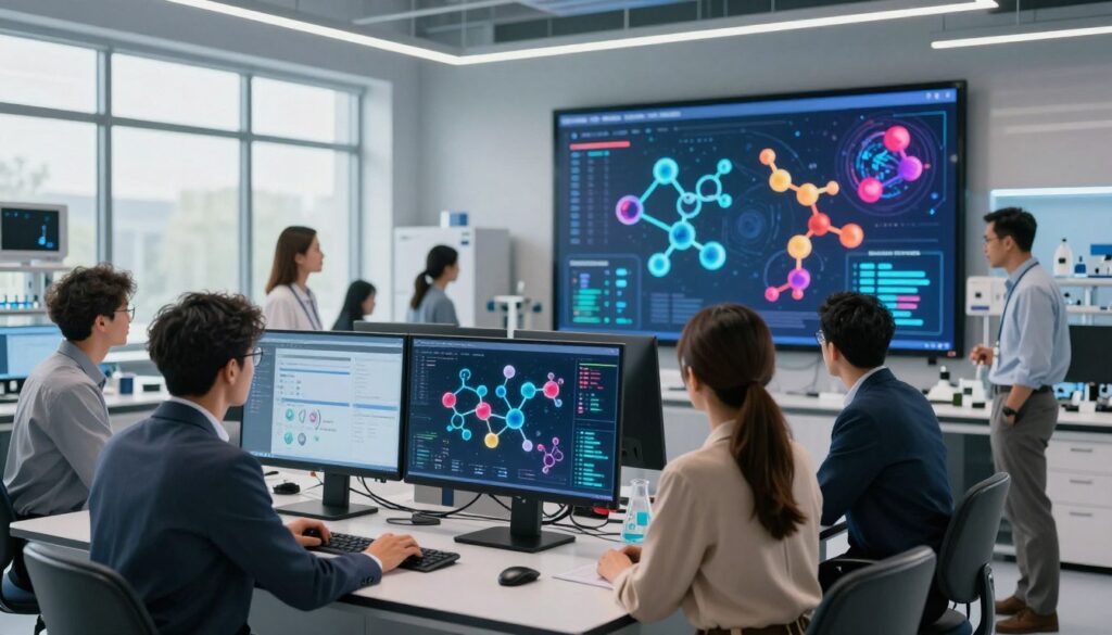 A futuristic laboratory setting showcasing a sleek, modern workspace at Insilico Pharma AI, specializing in drug discovery. In the foreground, a diverse group of professionals in smart business attire collaborate over a digital screen displaying complex molecular structures and data analytics. In the middle, advanced AI algorithms and graphical representations of drug molecules are projected in vibrant colors, illuminating the space. The background features cutting-edge lab equipment and large glass windows allowing natural light to flood in, creating a bright and innovative atmosphere. The scene conveys a sense of urgency and progress, with a warm color palette emphasizing hope and advancement in pharmaceutical research. The image captures the essence of technology seamlessly blending with scientific discovery. A futuristic laboratory setting showcasing a sleek, modern workspace at Insilico Pharma AI, specializing in drug discovery. In the foreground, a diverse group of professionals in smart business attire collaborate over a digital screen displaying complex molecular structures and data analytics. In the middle, advanced AI algorithms and graphical representations of drug molecules are projected in vibrant colors, illuminating the space. The background features cutting-edge lab equipment and large glass windows allowing natural light to flood in, creating a bright and innovative atmosphere. The scene conveys a sense of urgency and progress, with a warm color palette emphasizing hope and advancement in pharmaceutical research. The image captures the essence of technology seamlessly blending with scientific discovery.