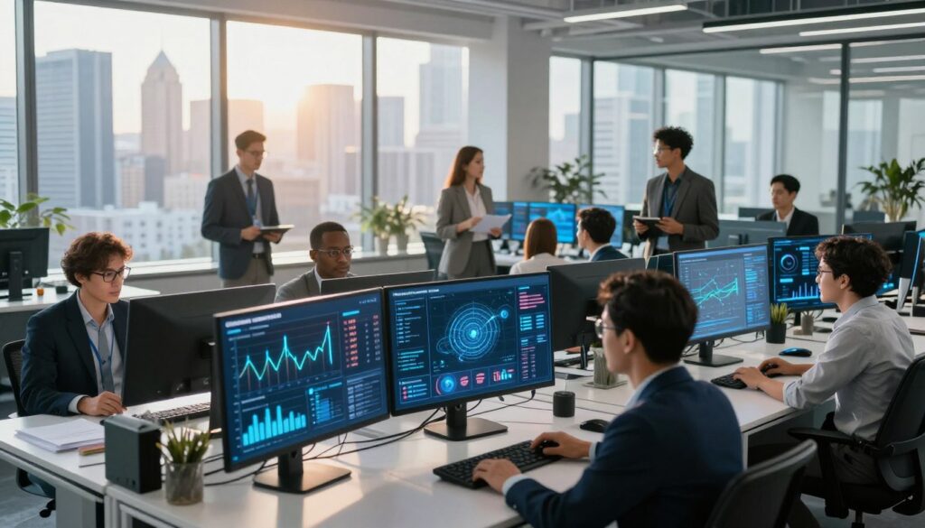 A futuristic office environment depicting advanced artificial intelligence monitoring regulatory changes. In the foreground, a sleek digital dashboard shows dynamic graphs and pricing charts related to regulations, with glowing data points. The middle layer features a diverse team of professionals in smart business attire, analyzing the information on screens, engaged in thoughtful discussion. The background showcases a wall of large windows with a view of a bustling city skyline, bathed in warm sunlight creating a feeling of innovation and optimism. The lighting is bright yet soft, emphasizing collaboration and forward-thinking. The composition is captured from a slightly elevated angle to convey an expansive view of this high-tech workspace, promoting a sense of urgency and progress in the regulatory landscape.