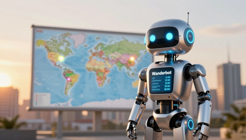 A futuristic robotic travel guide, named "Wanderbot," stands confidently in the foreground, showcasing sleek metallic features and LED lights. Its design is friendly and approachable, with a digital display displaying travel prices and destination recommendations. In the middle ground, a vibrant world map illustrates popular travel spots, possibly highlighted with glowing dots indicating user-favorite destinations. The background features a soft-focus city skyline under a warm sunset, casting a golden hue over the scene, enhancing the wanderlust atmosphere. The lighting is balanced, with soft shadows creating depth. The image exudes a sense of adventure and exploration, ideal for travel enthusiasts. The angle is slightly low to offer a dynamic view, emphasizing the Wanderbot's stature and importance as a travel companion.