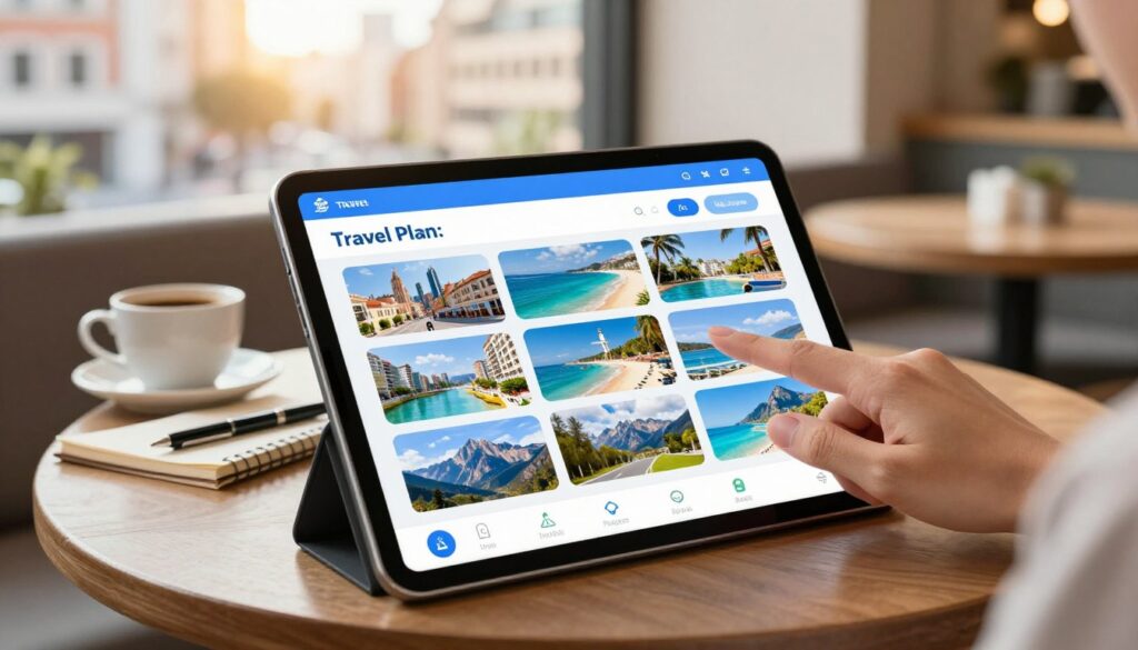 A futuristic travel assistant interface displayed on a sleek tablet. In the foreground, a hand gently taps the screen, highlighting personalized travel plans with vivid images of diverse destinations like bustling cities, serene beaches, and majestic mountains. The middle ground features a cozy café setting, with a small table adorned with a coffee cup and a notepad with a pen, evoking a warm, inviting atmosphere. In the background, city buildings with soft sunlight filtering through large windows create a bright and optimistic mood. The image is brightly lit, emphasizing the tablet's vibrant colors. A shallow depth of field focuses on the tablet and hand while softly blurring the background, creating a professional and engaging travel planning vibe. A futuristic travel assistant interface displayed on a sleek tablet. In the foreground, a hand gently taps the screen, highlighting personalized travel plans with vivid images of diverse destinations like bustling cities, serene beaches, and majestic mountains. The middle ground features a cozy café setting, with a small table adorned with a coffee cup and a notepad with a pen, evoking a warm, inviting atmosphere. In the background, city buildings with soft sunlight filtering through large windows create a bright and optimistic mood. The image is brightly lit, emphasizing the tablet's vibrant colors. A shallow depth of field focuses on the tablet and hand while softly blurring the background, creating a professional and engaging travel planning vibe.