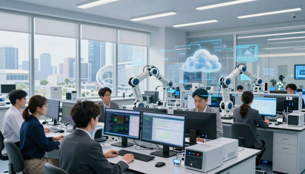 A high-tech laboratory environment showcasing "Emerald Cloud Lab," with visible digital monitors displaying data and experiment results. In the foreground, a diverse group of researchers in professional business attire collaborates, surrounded by sleek equipment. In the middle ground, robotic arms and cloud computing visuals blend seamlessly, indicating the fusion of technology and experimentation. The background features large windows with a view of a futuristic cityscape, bathed in natural light, creating a vibrant, innovative atmosphere. Use soft, bright lighting to enhance the sense of advanced technology while maintaining a clean, organized look. The overall mood should be one of excitement and innovation, emphasizing the digital nature of experiments conducted within this modern setting.