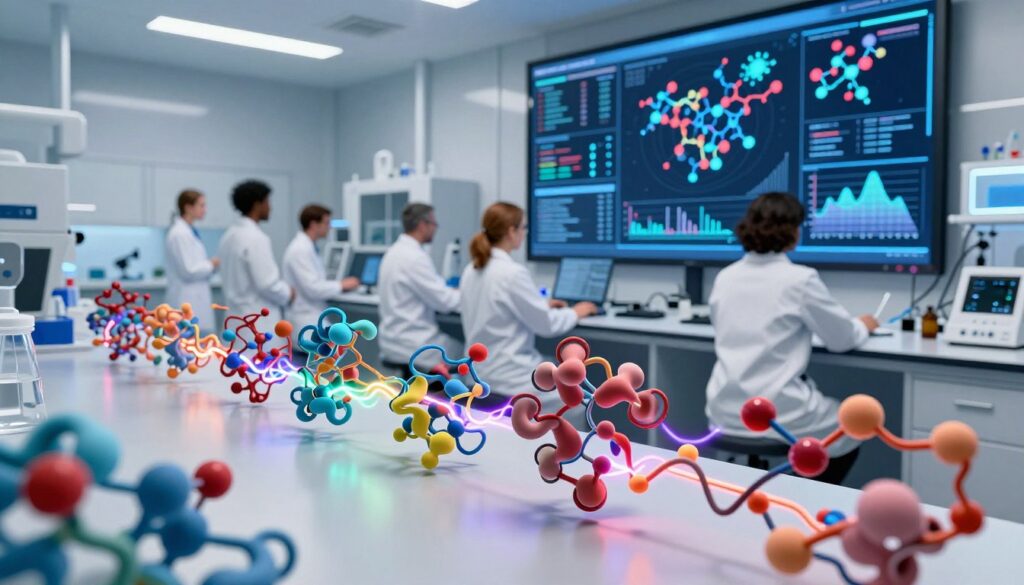 A high-tech laboratory focusing on molecular biology, featuring a detailed visualization of protein binding. In the foreground, a series of colorful 3D molecular models illustrating proteins and their interactions, interconnected by vibrant energy strands. The mid-ground showcases a team of diverse scientists, dressed in professional lab attire, analyzing data on a large digital screen filled with molecular structures and binding dynamics. The background features sleek laboratory equipment, illuminated by bright, cool white lighting, casting soft shadows to enhance depth. The scene captures a sense of innovation and discovery, conveying the excitement of scientific advancement and collaboration in molecular modeling. The atmosphere is dynamic and futuristic, inviting viewers into the world of bioinformatics and protein design.
