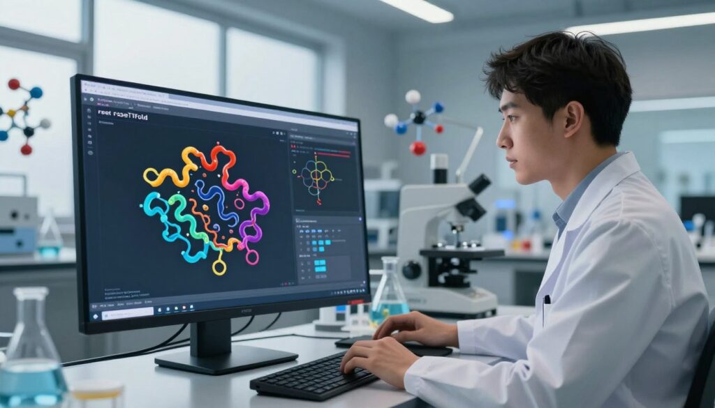 A highly detailed, professional illustration of the RoseTTAFold architecture, set in a modern research laboratory. In the foreground, a sleek computer interface displays complex protein structures in vibrant colors, highlighting the intricate folds and features of the proteins. In the middle ground, a researcher in a lab coat, focused on the screen, with a thoughtful expression. The background features large windows with natural light pouring in, showcasing more scientific equipment and molecular models. The atmosphere conveys a sense of innovation and discovery, with soft, ambient lighting emphasizing the importance of research. The angle captures both the researcher and the detailed screen, marrying the human element with advanced technology.