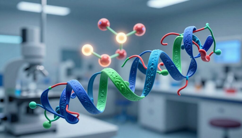 A highly detailed, three-dimensional depiction of an AlphaFold protein structure, visually stunning and scientifically accurate. In the foreground, intricately folded protein chains swirl and interlock, showcasing vibrant colors like deep blues, bright greens, and subtle reds to signify different amino acids. In the middle ground, glowing bonds between atoms highlight the molecular connections, illuminated by soft, diffused lighting for a professional atmosphere. The background features a softly blurred laboratory setting, suggesting advanced technological equipment and scientific instruments. The scene is captured with a slight angle, creating a dynamic perspective, evoking a sense of innovation and discovery. The overall mood should be one of intrigue and professionalism, reflecting the cutting-edge nature of protein structure prediction.