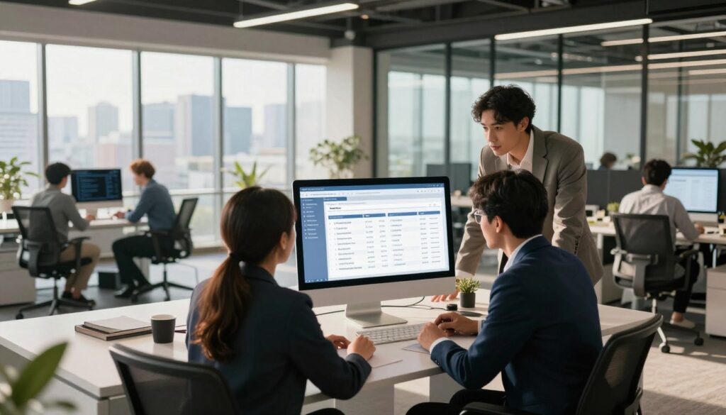 A modern and sleek digital workspace showcasing Ironclad Vertragsmanagement software on a high-resolution computer screen. In the foreground, a diverse group of three professionals in smart business attire, two men and one woman, are attentively discussing contract management strategies, with a highlighted pricing table visible on the screen. In the middle ground, airy, glass-walled offices with light streaming through, creating a warm atmosphere filled with sleek furniture and tech gadgets. The background features a panoramic cityscape through the windows, symbolizing innovation and growth. Soft natural lighting enhances the collaborative mood, while a wide-angle perspective captures a dynamic and professional environment focused on digital contract creation and management.