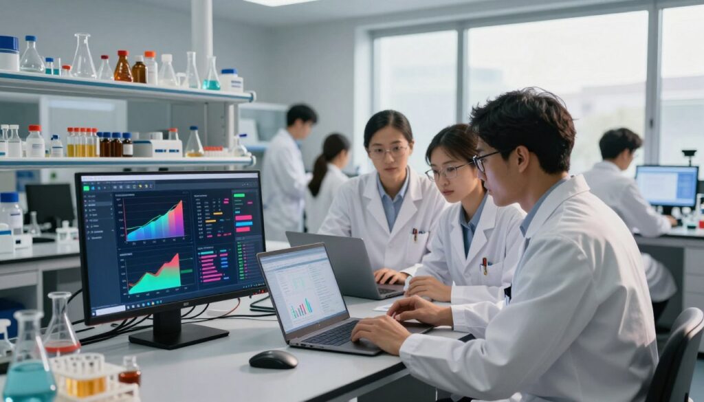 A modern and sleek laboratory interior featuring a high-tech workspace dedicated to Benchling AI. In the foreground, a well-organized desk displays an interactive digital interface showcasing experiment data and analytics, with bright, vibrant colors highlighting various graphs and charts. In the middle, a diverse group of scientists, dressed in professional attire, collaborates intently over a laptop, discussing lab data. The background reveals a wall lined with advanced scientific equipment and shelves filled with lab specimens. Soft, natural lighting enters through large windows, casting a warm glow over the scene, creating an atmosphere of innovation and collaboration. The overall mood is dynamic and focused, emphasizing the efficiency and organization brought by Benchling AI in the laboratory setting. A modern and sleek laboratory interior featuring a high-tech workspace dedicated to Benchling AI. In the foreground, a well-organized desk displays an interactive digital interface showcasing experiment data and analytics, with bright, vibrant colors highlighting various graphs and charts. In the middle, a diverse group of scientists, dressed in professional attire, collaborates intently over a laptop, discussing lab data. The background reveals a wall lined with advanced scientific equipment and shelves filled with lab specimens. Soft, natural lighting enters through large windows, casting a warm glow over the scene, creating an atmosphere of innovation and collaboration. The overall mood is dynamic and focused, emphasizing the efficiency and organization brought by Benchling AI in the laboratory setting.