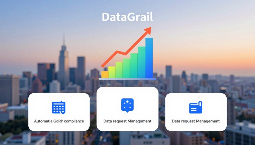 A modern and sleek pricing structure visualization for DataGrail, depicting various subscription tiers in a clean, infographic style. In the foreground, include three distinct pricing tiers illustrated as elegant cards with icons representing features like automated GDPR compliance, data request management, and analytics. In the middle, place a stylized 3D graph showing growth in user satisfaction or compliance efficiency over time, incorporating vibrant colors. The background should feature a softly blurred cityscape, symbolizing the tech industry, with a gradient sky transitioning from blue to soft orange, evoking a sense of innovation and professionalism. Soft, even lighting highlights the elements, creating a polished and inviting atmosphere. Ensure all depicted elements are clear and organized, without any text or overlays.