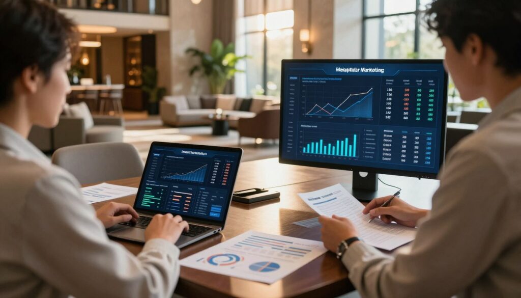 A modern and sophisticated hotel marketing analysis scene, showcasing an advanced digital interface displaying dynamic pricing and tariff options. In the foreground, a business professional in smart casual attire studies a digital tablet with graphs and data visualizations. The middle ground features a sleek conference table with laptops and market analysis reports spread out. The background reveals a stylish hotel lobby with luxury furnishings, plants, and ambient lighting creating a warm, inviting atmosphere. Soft sunlight filters through large windows, casting a glow over the scene. The overall mood emphasizes innovation and professionalism, reflecting the integration of AI in hospitality marketing. A modern and sophisticated hotel marketing analysis scene, showcasing an advanced digital interface displaying dynamic pricing and tariff options. In the foreground, a business professional in smart casual attire studies a digital tablet with graphs and data visualizations. The middle ground features a sleek conference table with laptops and market analysis reports spread out. The background reveals a stylish hotel lobby with luxury furnishings, plants, and ambient lighting creating a warm, inviting atmosphere. Soft sunlight filters through large windows, casting a glow over the scene. The overall mood emphasizes innovation and professionalism, reflecting the integration of AI in hospitality marketing.