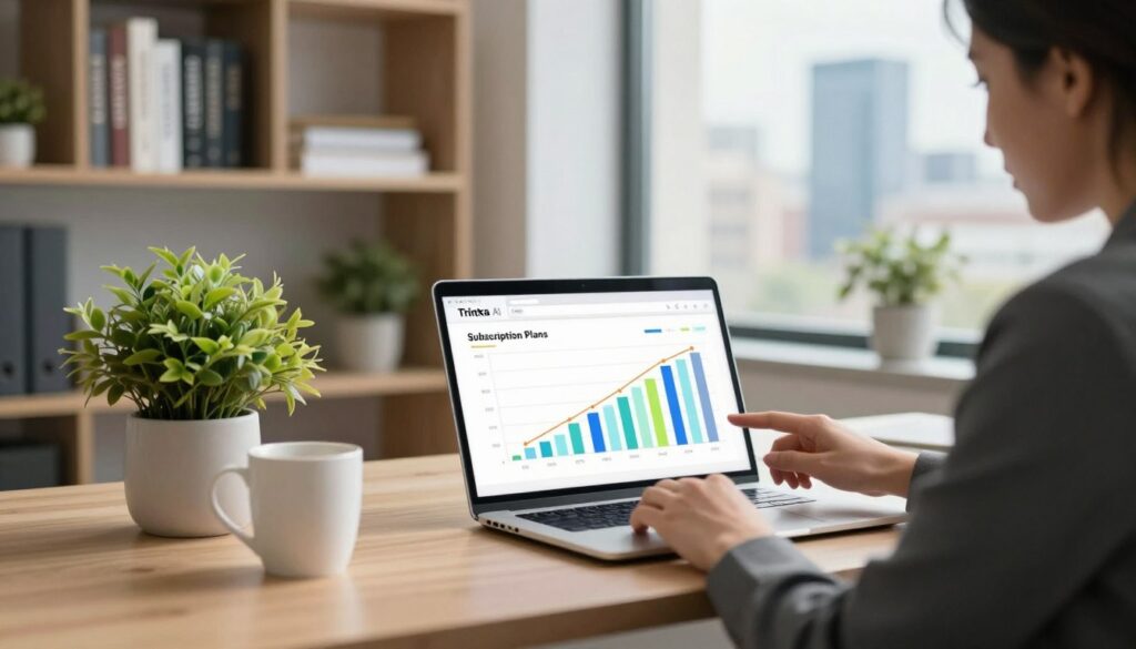 A modern, beautifully designed office environment featuring a stylish desk with a laptop open to a screen displaying a colorful graph of subscription plans for Trinka AI. In the foreground, a person in professional business attire is reviewing the screen, their expression focused and engaged. The middle layer includes a vibrant plant and a coffee mug, adding warmth to the workspace. The background features a sleek bookshelf filled with academic references and a window revealing a bustling cityscape bathed in soft natural light. The atmosphere is one of productivity and innovation, emphasizing the theme of improving grammar in professional documents. The composition should be well-lit, with a slight depth of field focusing on the desk area.