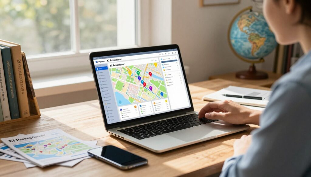 A modern digital interface of a "KI Reiseplaner" displayed on a sleek laptop, resting atop a wooden desk cluttered with travel brochures and a smartphone. In the foreground, a user in smart casual attire is engaged, examining vibrant map layouts and itinerary suggestions filled with colorful pins. The middle ground features an open window with soft, warm sunlight streaming in, casting gentle shadows across the desk. In the background, there are shelves lined with travel books and a world globe, creating an inviting atmosphere of exploration and adventure. The scene embodies a sense of creativity and organization, inspiring curiosity about travel planning and innovative ideas. The overall mood is bright and optimistic, emphasizing the sophisticated technology behind modern travel planning. A modern digital interface of a "KI Reiseplaner" displayed on a sleek laptop, resting atop a wooden desk cluttered with travel brochures and a smartphone. In the foreground, a user in smart casual attire is engaged, examining vibrant map layouts and itinerary suggestions filled with colorful pins. The middle ground features an open window with soft, warm sunlight streaming in, casting gentle shadows across the desk. In the background, there are shelves lined with travel books and a world globe, creating an inviting atmosphere of exploration and adventure. The scene embodies a sense of creativity and organization, inspiring curiosity about travel planning and innovative ideas. The overall mood is bright and optimistic, emphasizing the sophisticated technology behind modern travel planning.