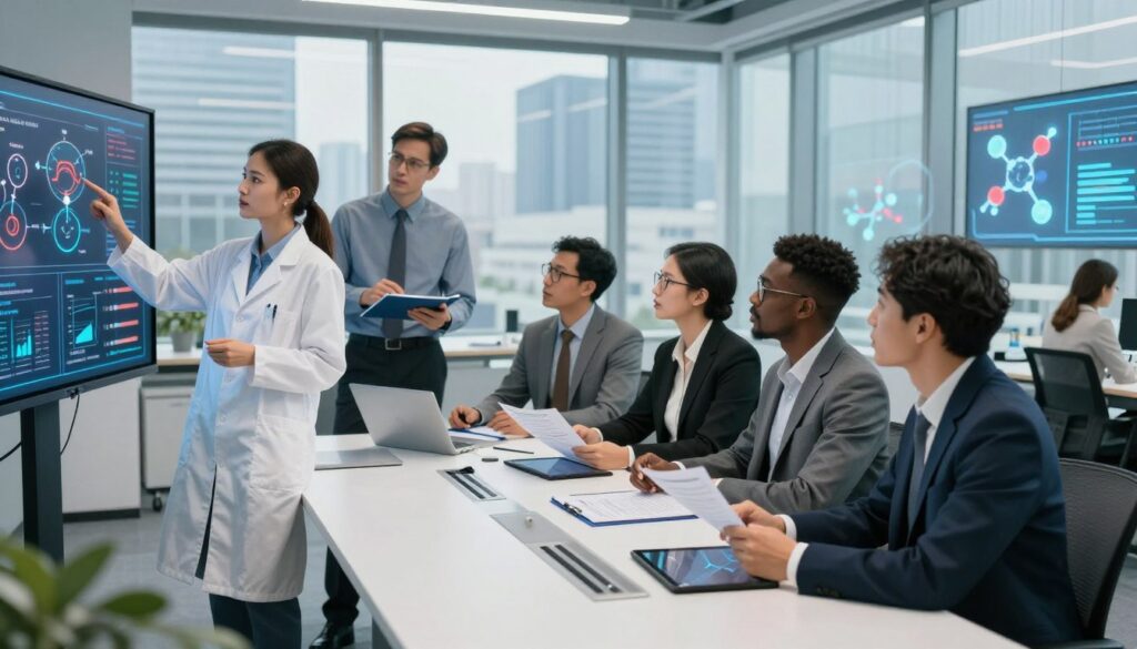 A modern, high-tech office environment showcasing a diverse group of professionals in business attire, engaged in active discussions around biomedical research findings. In the foreground, a confident female scientist points at a large digital screen displaying data analytics and visualizations related to drug discovery. In the middle, a group of mixed-gender professionals (Caucasian, Black, Asian) is gathered around a sleek conference table, examining reports and tablets. The background features expansive windows with a city skyline and futuristic displays of molecular structures. Soft, natural lighting filters through the room, enhancing the vibrant colors of their work materials. The atmosphere is collaborative and innovative, embodying the essence of cutting-edge biomedical research and pricing strategies.