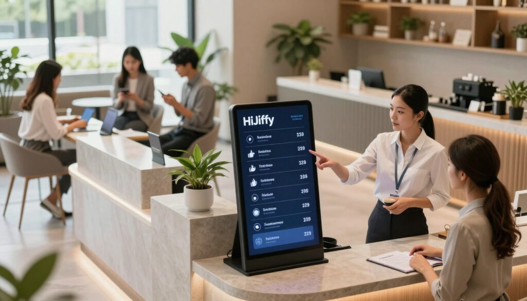 A modern hotel reception area showcasing HiJiffy pricing and plans. In the foreground, a sleek digital display board highlights various pricing tiers and services, illuminated with soft LED lighting. A professional staff member in business attire points towards the display, engaging with an imaginary guest. In the middle ground, a stylish check-in desk with a minimalist design, featuring plant decorations and a coffee display. Customers in the background, subtly blurred, are seen interacting with mobile devices, suggesting technology-driven communication. The atmosphere is bright and welcoming, with natural light streaming through large windows, creating a vibrant yet professional ambiance. The angle is slightly elevated, capturing the dynamic interactions within the space.
