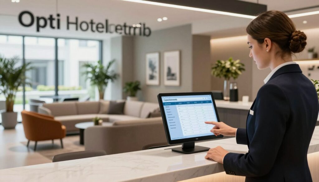 A modern hotel reception area showcasing "Optii Hotelbetrieb" with sleek design elements. In the foreground, a professional staff member in business attire, engaging with a digital interface representing housekeeping and room scheduling software. In the middle ground, stylish furniture and decorative indoor plants add a welcoming touch. The background features large windows letting in natural light, highlighting the contemporary architecture of the hotel. The lighting is bright and inviting, promoting a sense of efficiency and comfort. The overall atmosphere is one of innovation and professionalism, perfectly aligning with the theme of optimizing hotel management through advanced technology.