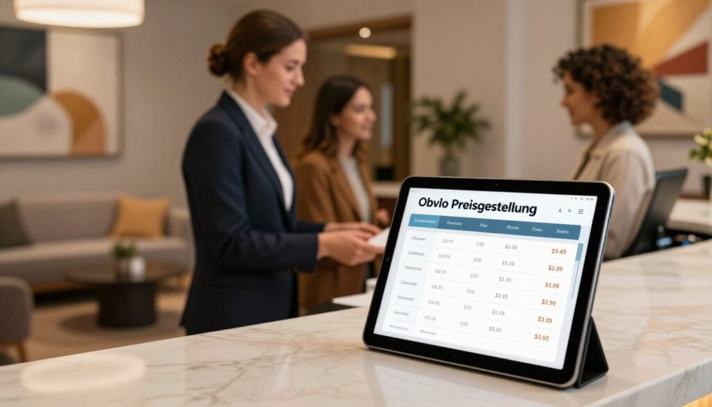 A modern hotel reception area showcasing a digital display for "Obvlo Preisgestaltung". In the foreground, a sleek tablet on a stylish reception desk, highlighting price lists and tariff details with elegant interface design. In the middle ground, a professional-looking staff member in business attire assisting guests, exuding a welcoming vibe. The background features a chic lobby with contemporary furniture and art, bathed in warm, inviting lighting. The atmosphere is sophisticated yet approachable, ideal for travelers seeking personalized recommendations. Use a soft-focus lens to create depth, capturing the vibrant colors and textures of the hotel interior, emphasizing the innovative and appealing nature of the Obvlo pricing system. A modern hotel reception area showcasing a digital display for "Obvlo Preisgestaltung". In the foreground, a sleek tablet on a stylish reception desk, highlighting price lists and tariff details with elegant interface design. In the middle ground, a professional-looking staff member in business attire assisting guests, exuding a welcoming vibe. The background features a chic lobby with contemporary furniture and art, bathed in warm, inviting lighting. The atmosphere is sophisticated yet approachable, ideal for travelers seeking personalized recommendations. Use a soft-focus lens to create depth, capturing the vibrant colors and textures of the hotel interior, emphasizing the innovative and appealing nature of the Obvlo pricing system.