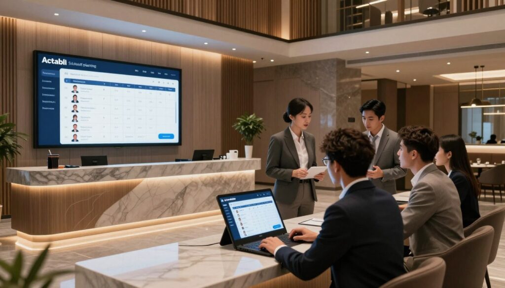 A modern hotel reception area showcasing a sleek digital interface for Actabl's personalized staff planning system. In the foreground, a diverse group of professionals dressed in business attire is engaged in a collaborative discussion around a touchscreen display. They are analyzing employee schedules and hotel occupancy data. The middle ground features a stylish reception desk with an elegant design, while the background displays contemporary hotel decor with soft ambient lighting, creating a warm and inviting atmosphere. Use a wide-angle lens to capture the entire scene, focusing on the dynamic interaction among the staff. The overall mood should be professional yet approachable, highlighting efficiency and technological innovation in hotel management.