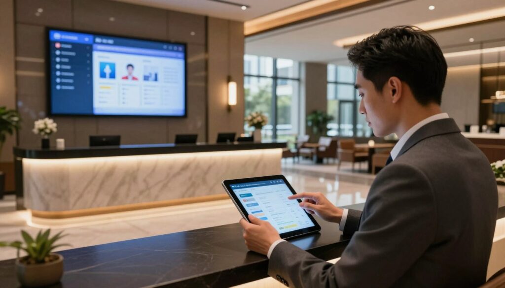 A modern hotel reception area showcasing advanced hotel management software, featuring sleek digital displays and interactive interfaces. In the foreground, a well-dressed hotel manager analyzes pricing strategies on a touchscreen tablet, emanating professionalism and efficiency. The middle ground depicts an elegant reception desk with stylish lighting casting a warm glow, while a backdrop of large windows reveals a bustling urban environment. The atmosphere is one of innovation and seamless operation, with natural light streaming in to create a welcoming ambiance. The angle is slightly elevated to provide a comprehensive view of the serene yet vibrant hotel space, emphasizing the integration of technology in hospitality management. The overall mood is positive, efficient, and forward-thinking.